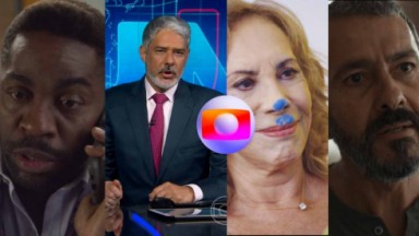 Montagem com Elas por Elas, Jornal Nacional, Família é Tudo e Renascer  e a logo da Globo 