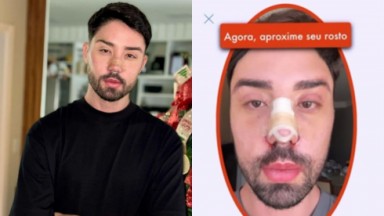 Montagem de fotos de Rico Melquiades posando e tentando fazer reconhecimento facial em aplicativo 