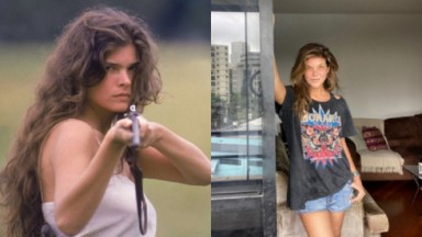Cristiana Oliveira em cena como Juma de Pantanal com um espingarda na mão e em foto atual 
