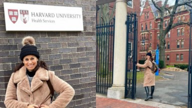 Daniela Escobar posando para foto na frente da Harvard University 