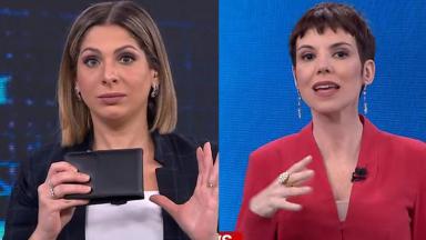 Daniela Lima segurando uma carteira; Gloria Vanique levantando a mão 