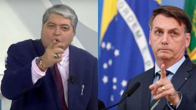 Datena aponta o dedo durante programa; Jair Bolsonaro levantando o dedo 