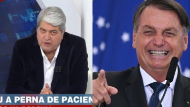 Datena sério na bancada do Brasil Urgente; Jair Bolsonaro rindo apontando o dedo 
