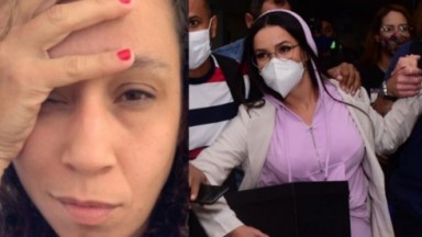 Thalita Carauta com a mão na cabeça; uliette segurando mão de segurança  