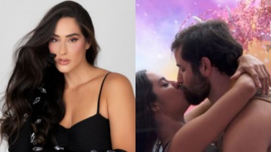 Montagem de fotos de Deniziane sozinha e Matteus beijando Isabelle 