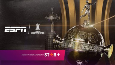 Logo da ESPN e Conmebol Libertadores com troféus da Libertadores e Sul-Americana 