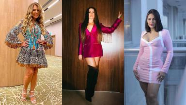 A cantora Elba Ramalho com a mão na cintura, Juliette de vestido rosa e botas pretas e a ex-BBBFlay posa com um vestido de manga longa rosa claro 