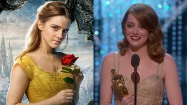 Emma Watson em A Bela e a Fera; Emma Stone recebendo Oscar por seu papel em La La Land 