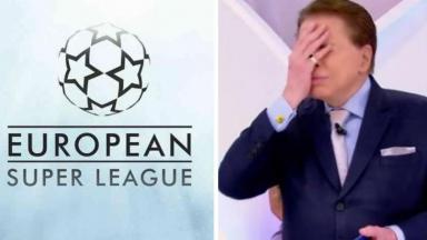 Logo da Superliga da Europa e Silvio Santos com a mão na cara 