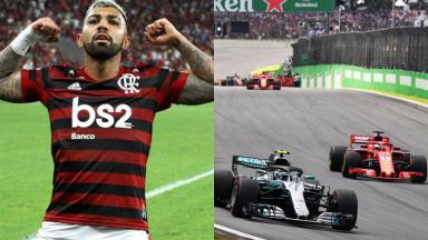 Gabigol (à esquerda) e corrida de Fórmula 1 (à direita) em foto montagem 