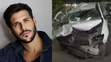 Rodrigo Mussi posado sério; Carro branco acidentado 