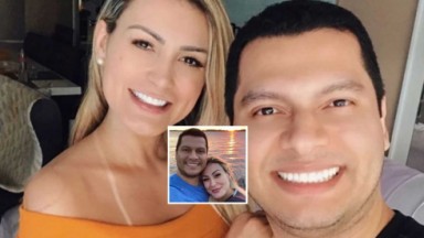 Andressa Urach e Thiago Lopes sorrindo para selfie 