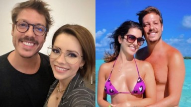 Montagem de fotos de Fábio Porchat com Sandy e com sua ex-esposa, Nataly Mega 