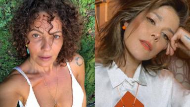 Montagem de selfies das atrizes Fabíula Nascimento e Samara Felippo sérias 