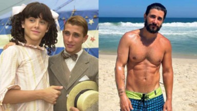 À esquerda, Gabriel Azevedo com Kayky Brito em Chocolate com Pimenta; à direita, o ator hoje, aos 34 anos, sem camisa na praia 