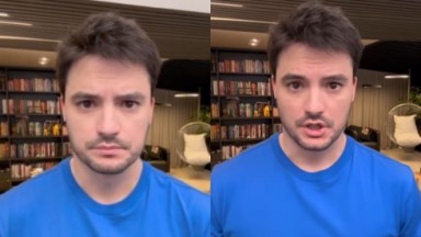 Montagem de duas fotos de Felipe Neto de camiseta azul, sério, falando para a câmera 