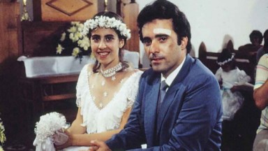 Fernanda Torres e Tony Ramos posados caracterizados como Simone e Cristiano em Selva de Pedra 