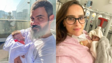 Juliano Cazarré, na primeira foto, de barba e bigode, com Maria Guilhermina no colo e Letícia Cazarré, de óculos de grau, com a filha no colo na segunda foto 