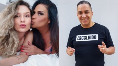 Montagem de Solange Gomes dando uim beijo no rosto da filha Stephanie e do cantor Waguinho, pai da jovem com uma camisa preta escrita "Escolhido" 