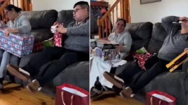 Pais chorando com presentes 