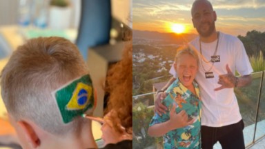 Montagem com foto do filho de Neymar, Davi Lucca, de costas com a cabeça com a bandeira do Brasil pintada e a sorridente ao lado do pai 