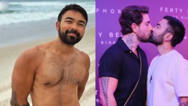Mauro Sousa posado sem camisa em praia; Mauro Sousa beijando marido 