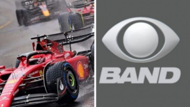 Montagem com o logo da Band e carro da Ferrari 