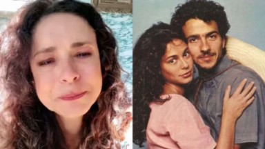 À esquerda, Giovanna Gold chora em vídeo postado no Instagram; à direita, a atriz em 1990 ao lado do ator Marcos Palmeira em Pantanal 
