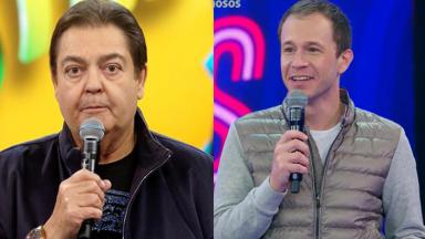 Faustão e Tiago Leifert segundo o microfone no palco dos seu programas na Globo em montagem do NaTelinha 