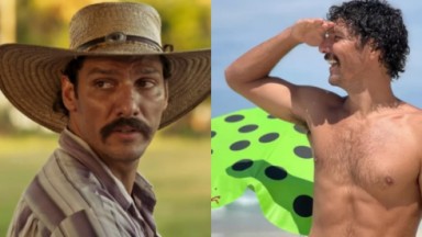 À esquerda, Guito com chapéu de peão como Tibério na novela Pantanal; à direita, o ator e cantor aparece sem camisa em foto tirada na praia 
