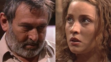 Paulo Goulart e Gabriela Alves como Donato e Glorinha em Mulheres de Areia 