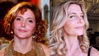À esquerda, Maria Padilha como Dinorá na novela O Cravo e a Rosa, em reprise na Globo; à direita, a atriz hoje, aos 62 anos 