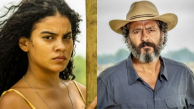 Bella Campos e Marcos Palmeira como Muda e José Leôncio, respectivamente, na novela Pantanal, em exibição na Globo 