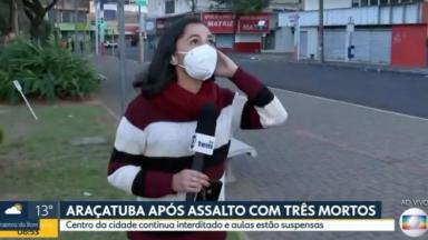 Thaís Gomes sofrendo susto na Globo 