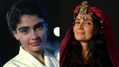 À esquerda, Patrícia França como Cláudia em Sonho Meu (1993); à direita, como Bila em Gênesis (2021) 