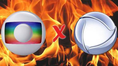 Logos da Globo e Record com fundo e fogo e versus 