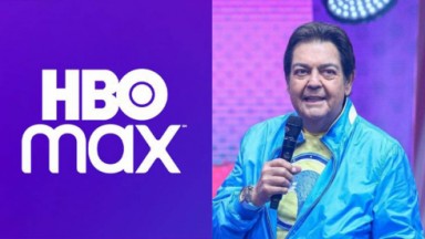 Logo HBO Max; Faustão com microfone na mão no palco do programa 