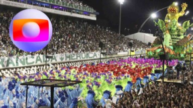 Logo da TV Globo numa montagem com os desfiles da escola de samba Mancha Verde 