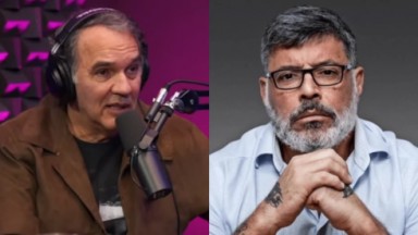 À esquerda, Humberto Martins no podcast Papagaio Falante; à direita, Alexandre Frota posa com a cabeça sobre as mãos cruzadas 