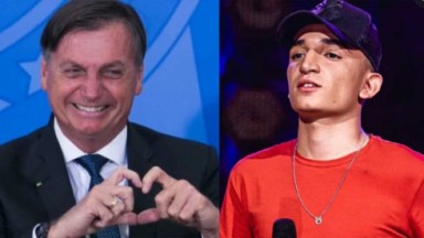 Jair Bolsonaro fazendo coração com as mãos; João Gomes sério 