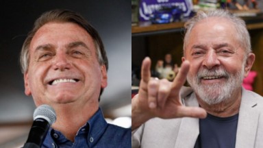 Montagem de fotos de Jair Bolsonaro e Lula felizes 