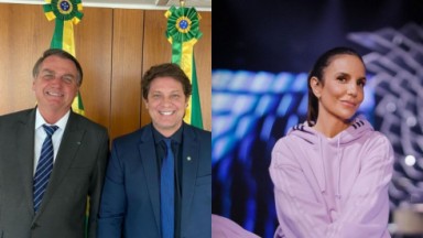 Montagem de fotos de Jair Bolsonaro com Mario Frias e Ivete Sangalo 