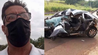 Carlos Alberto Baldassari de máscara emocionado; Carro de Thiago retorcido na rodovia após o acidente 