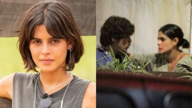 À esquerda, Julia Dalavia como Guta em Pantanal; à direita, a atriz em restaurante com o namorado João Vithor Oliveira 