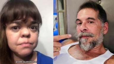 Montagem de print de vídeo da atriz Juliana Caldas e foto de Leandro Hassum, de barba e bigode 