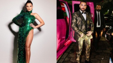 Juliette e Gil do Vigor com trajes de luxo para o Baile da Vogue, realizado na sexta-feira (29), no Rio de Janeiro. Ela usa vestido verde, com referência a cactos, e ele apareceu com terno dourado, com manchas de onça 