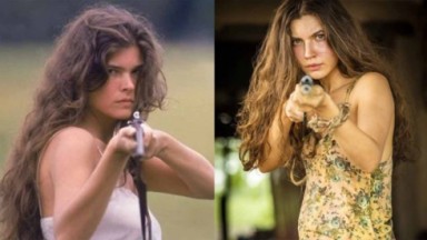 Cristiana Oliveira na pele de Juma Marruá segurando arma; Alanis Guillen no remake de Pantanal segurando arma 