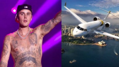 Justin Bieber de boné sem camisa; Avião sobrevoando cidade 