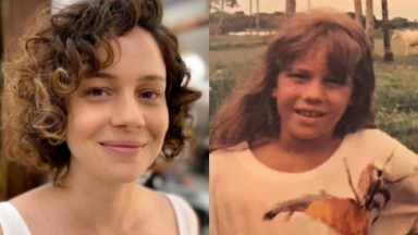 À esquerda, Leandra Leal hoje, aos 39 anos; à direita, a atriz aos 8, quando fez participação especial no último capítulo de Pantanal 