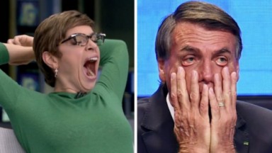 Renata Lo Prete bocejando e Bolsonaro incrédulo com a mão no rosto 